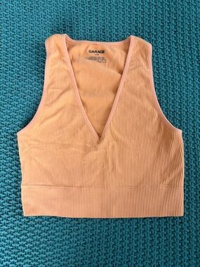 Garage Peach Ribbed V-Neck Crop Top with Pink Trim
